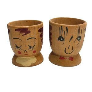 Vintage Wooden Egg Cups Set of 2 Hand Painted Faces Unique Kitchen Decor Japan